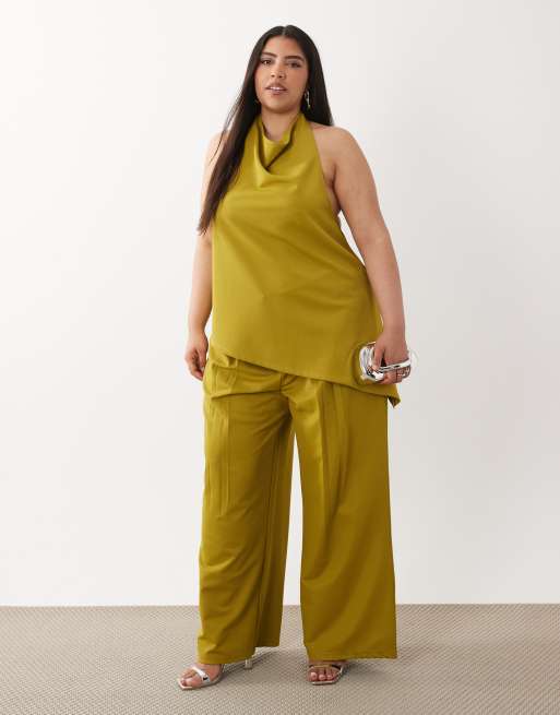 ASOS DESIGN Curve co-ord slinky twill tailored slouchy wide leg trouser in green, 2 of 5
