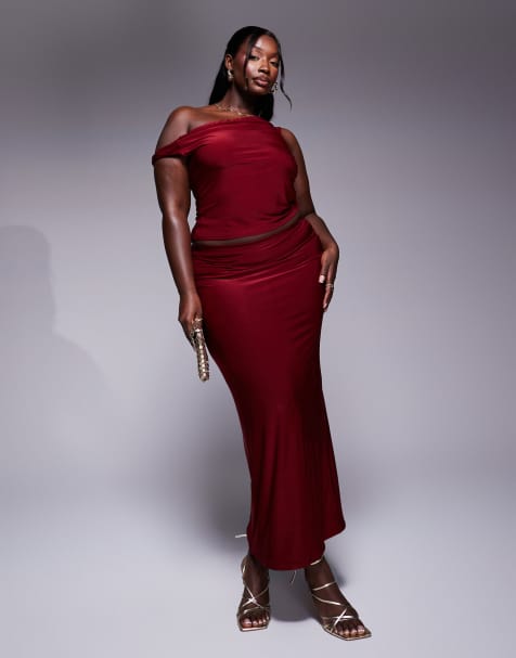ASOS DESIGN Curve co-ord slinky twist off shoulder top and maxi skirt in burgundy - view 1