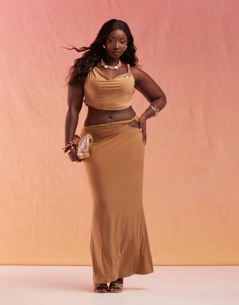 ASOS DESIGN Curve co-ord slinky twist shoulder top and maxi skirt in sand - view 1
