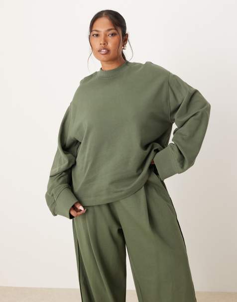 ASOS DESIGN Curve co-ord sweatshirt with waffle panel detail in khaki - view 1