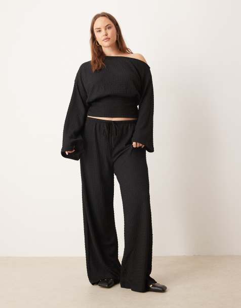 ASOS DESIGN Curve co-ord textured cinched waist one shoulder long sleeve top and high waist flare trouser in black - view 1