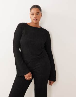 Asos Curve Asos Design Curve Co-ord Textured Flared Long Sleeve Top In Black