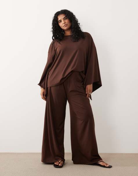 ASOS DESIGN Curve co-ord top & trousers in brown - view 1