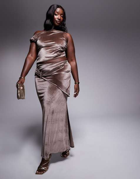 ASOS DESIGN Curve co-ord velvet drape fishtail maxi skirt in mink - view 1
