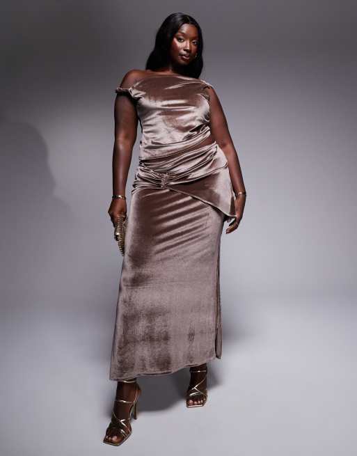 ASOS DESIGN Curve co-ord velvet twist off shoulder top and maxi skirt in mink