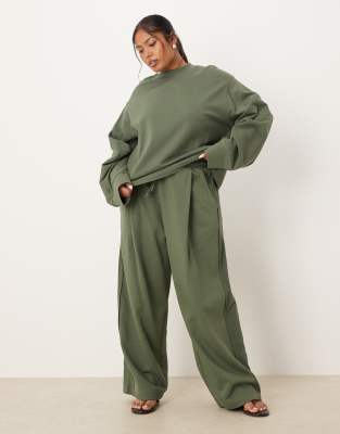 ASOS Curve ASOS DESIGN Curve co-ord wide leg jogger with waffle panel detail in khaki-Green