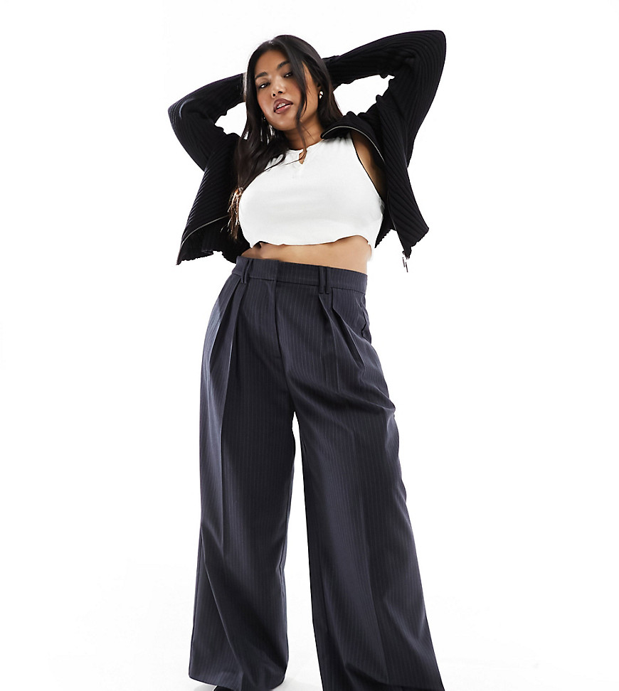 ASOS DESIGN Curve co-ord wide leg trousers in navy pinstripe