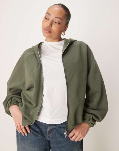 ASOS DESIGN Curve co-ord zip through hoodie with tie hem in khaki - view 1