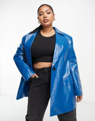 Asos Curve Asos Design Curve Coated Canvas Grandad Coat In Blue