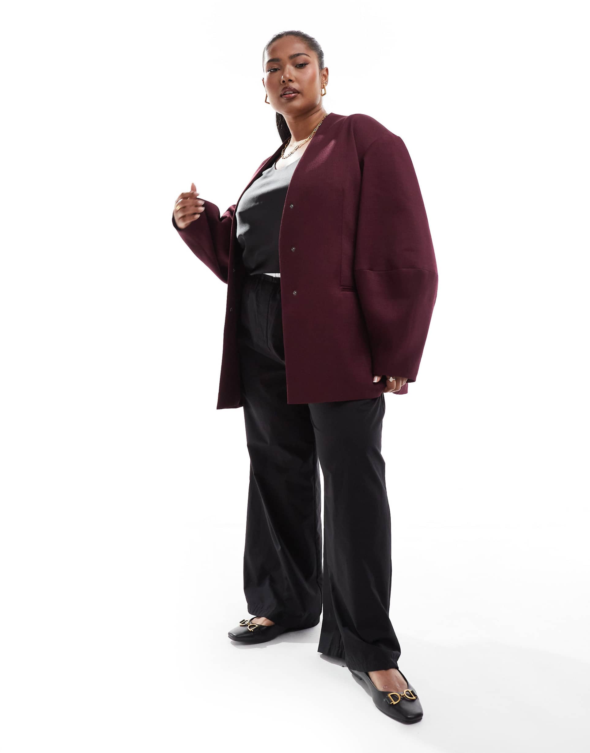 asos design curve cocoon sleeve collarless blazer in burgundy