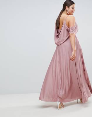 cold shoulder cowl back pleated maxi dress