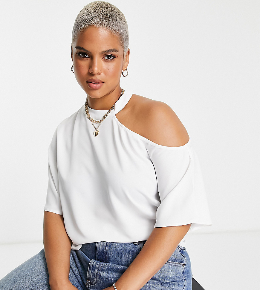 ASOS DESIGN CURVE cold shoulder cut out tee in ivory-White