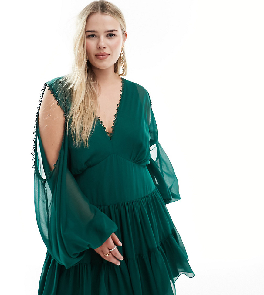 Asos Curve Asos Design Curve Cold Shoulder Tiered Mini Dress With Lace Insert In Green