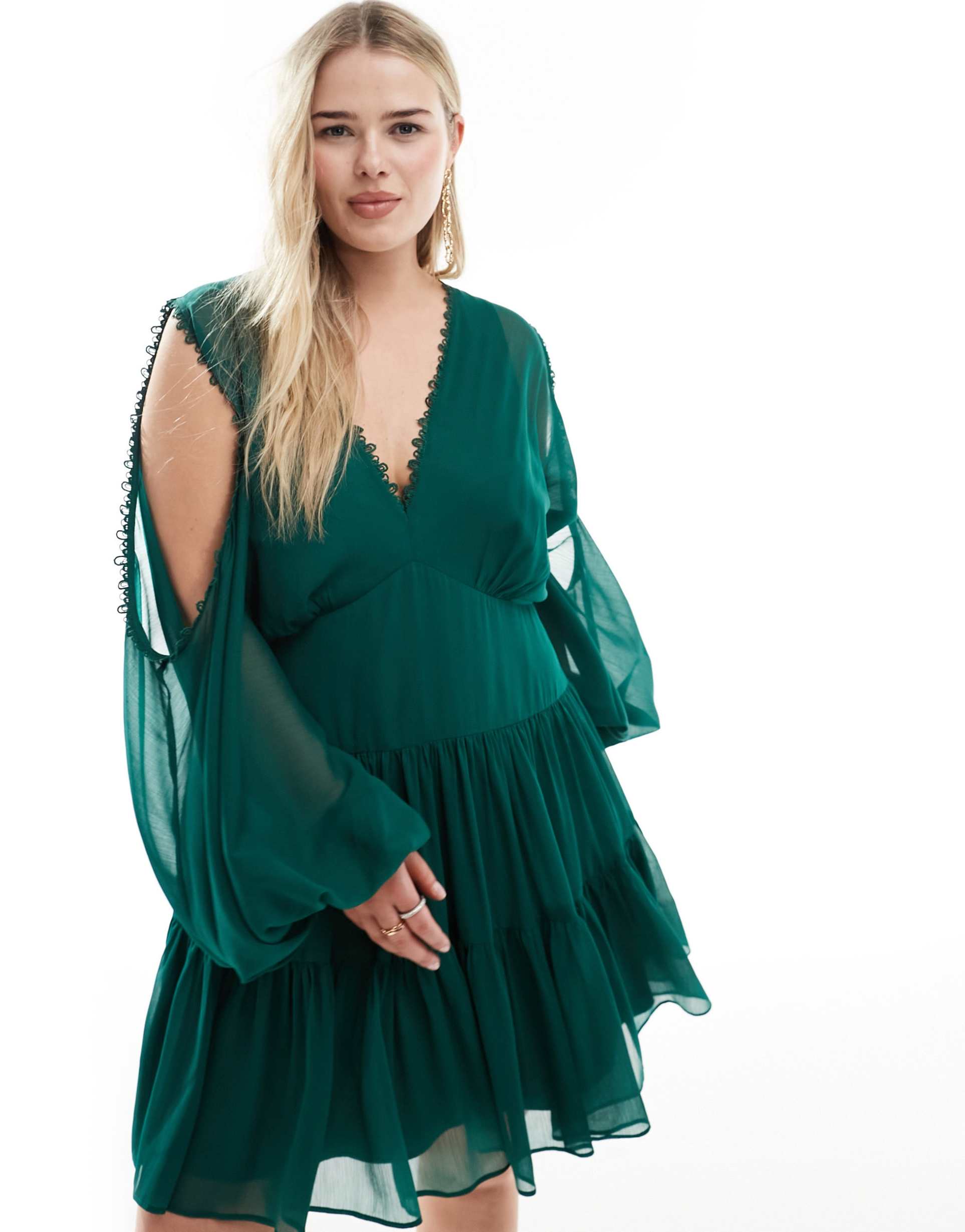 asos design curve cold shoulder tiered mini dress with lace insert in green