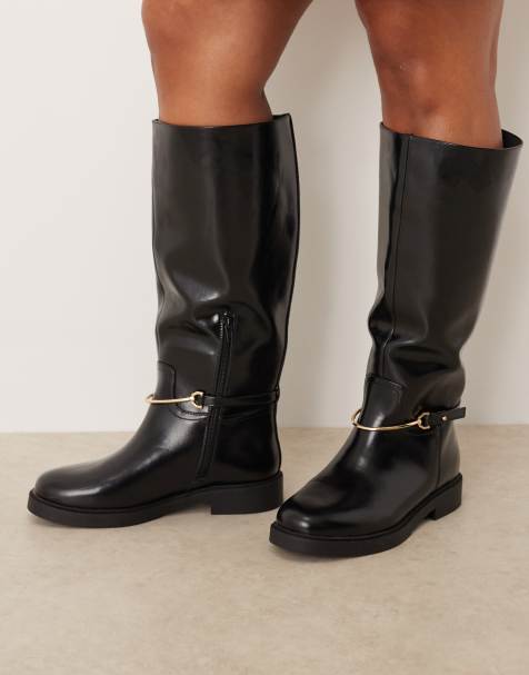 ASOS DESIGN Curve Cole flat riding knee boots in black with trim - view 1