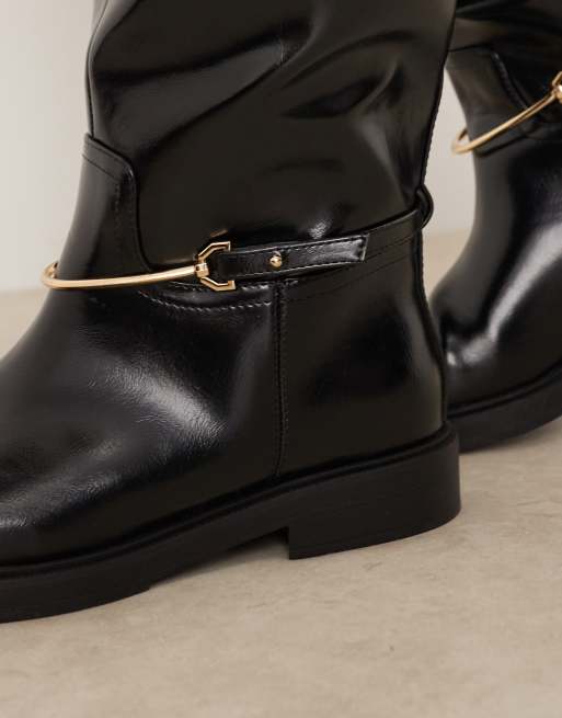 ASOS DESIGN Curve Cole flat riding knee boots in black with trim, 2 of 4