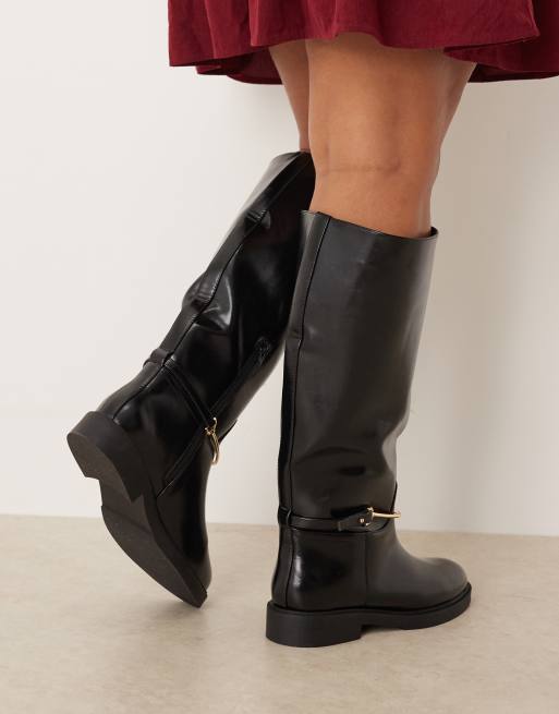 ASOS DESIGN Curve Cole flat riding knee boots in black with trim, 4 of 4