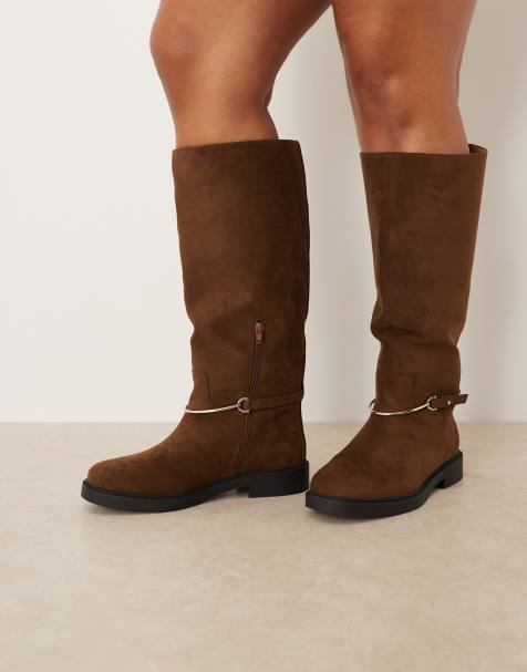 ASOS DESIGN Curve Cole flat riding knee boots in chocolate suedette with trim - view 1