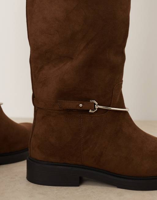 ASOS DESIGN Curve Cole flat riding knee boots in chocolate suedette with trim, 3 of 4