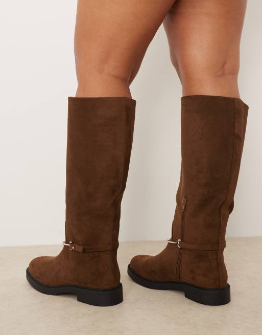 ASOS DESIGN Curve Cole flat riding knee boots in chocolate suedette with trim, 4 of 4