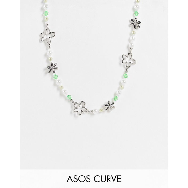 DESIGN Curve - Collana con ciondoli a forma di fiore, perline e perle sintetiche, colore argento
