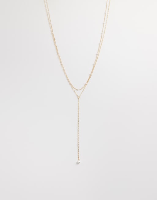 ASOS DESIGN Curve - Collana Lariat delicata color oro con perle sintetiche Station