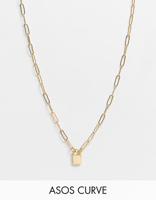 ASOS DESIGN Curve - Collana placcata oro 14 ct con ciondolo con mini lucchetto