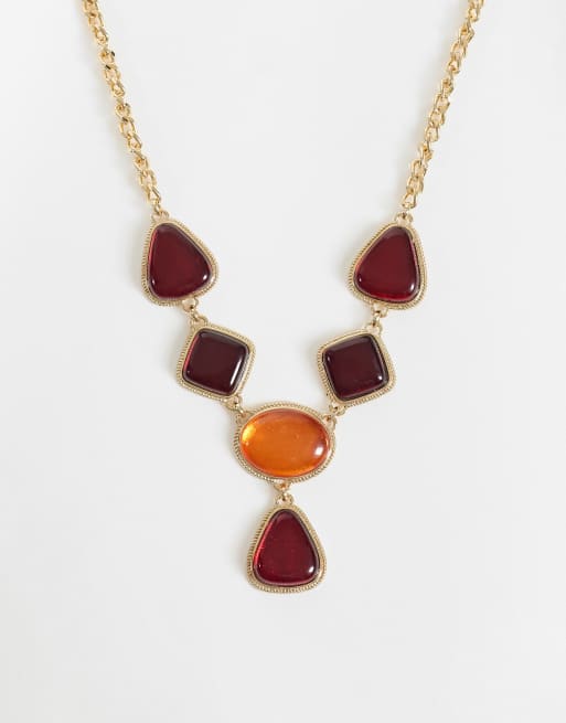 ASOS DESIGN Curve collana statement con gocce in resina color ambra e bordeaux, 1 di 4