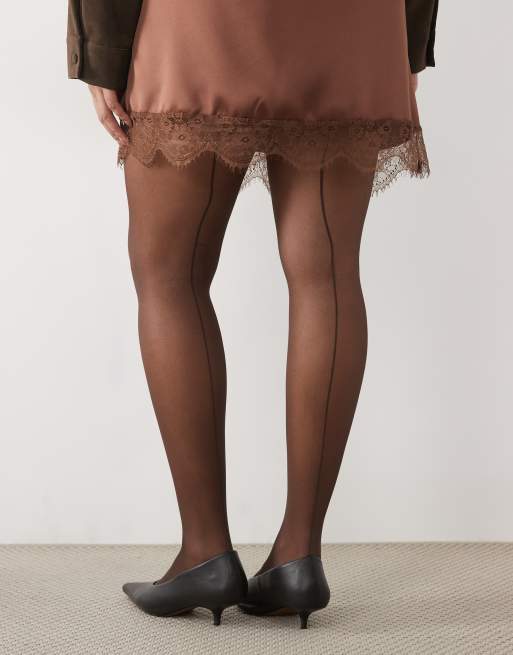ASOS DESIGN Curve collant super elasticizzati con cucitura posteriore color marrone cioccolato, 1 di 3