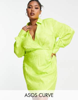 Asos Curve Asos Design Curve Collared Blouson Shoulder Pad Mini Dress In Bright Lime-green