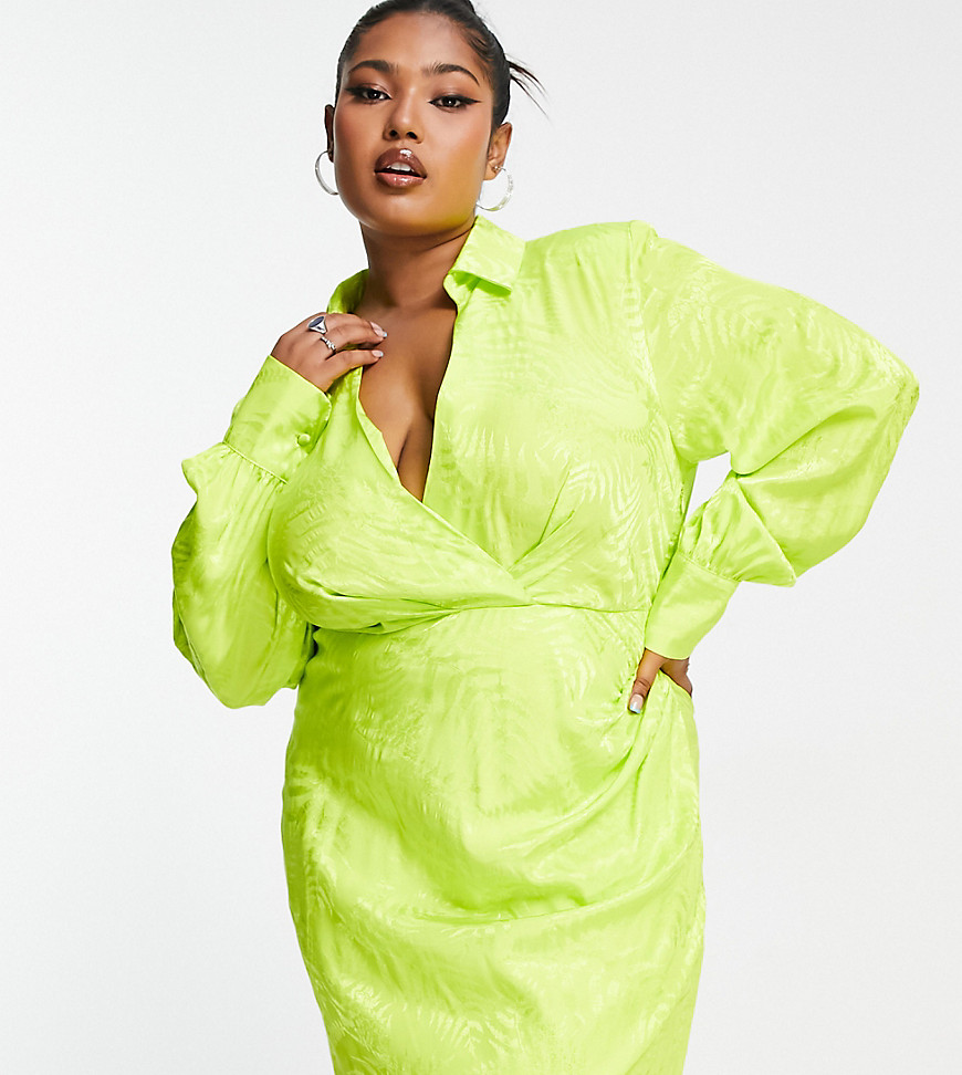 ASOS DESIGN Curve collared blouson shoulder pad mini dress in bright lime-Green