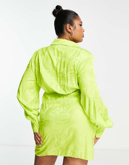 ASOS DESIGN wrap slinky blouson sleeve mini dress with collar in lime