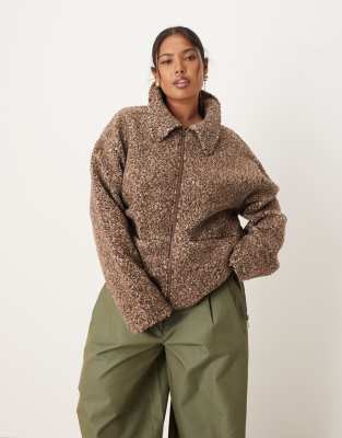 Asos Curve Asos Design Curve Collared Borg Fleece Zip Through In Brown