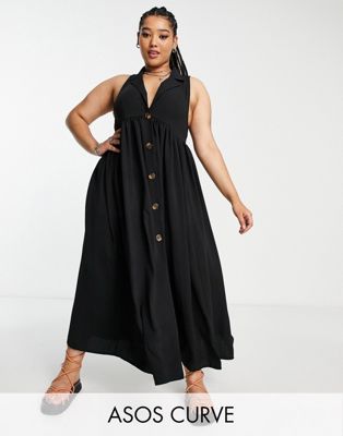 ASOS DESIGN Curve collared button through midi smock dress in black