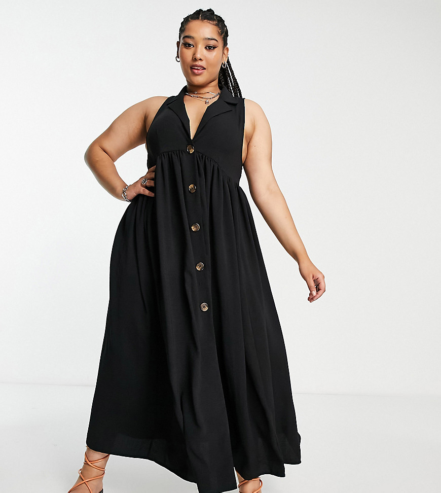 ASOS DESIGN Curve collared button through midi smock dress in black