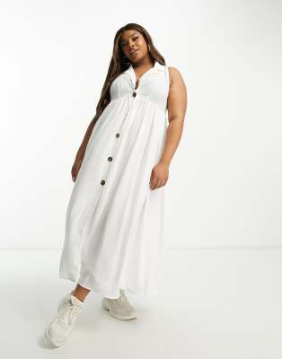 Asos Design Curve Collared Button Through Midi Smock Dress In White