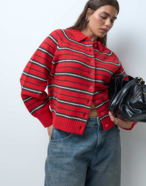 ASOS DESIGN Curve collared button through stripe cardigan in red stripe - view 1