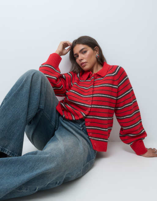 ASOS DESIGN Curve collared button through stripe cardigan in red stripe, 2 of 5