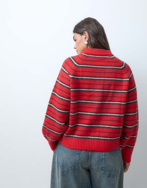 ASOS DESIGN Curve collared button through stripe cardigan in red stripe, 3 of 5