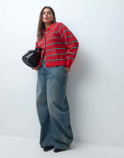 ASOS DESIGN Curve collared button through stripe cardigan in red stripe, 4 of 5