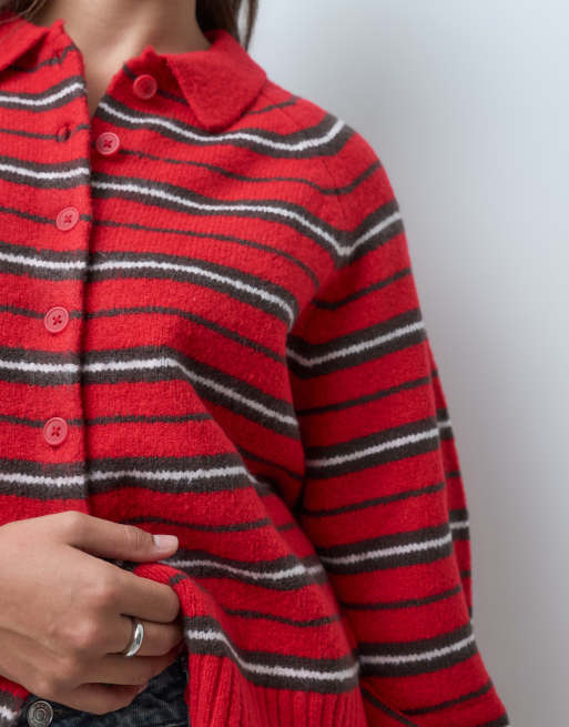 ASOS DESIGN Curve collared button through stripe cardigan in red stripe, 5 of 5