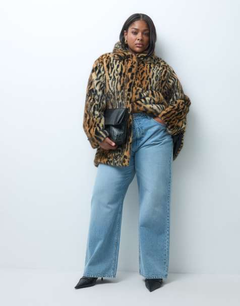 ASOS DESIGN Curve collared faux fur midi car coat in animal - view 1