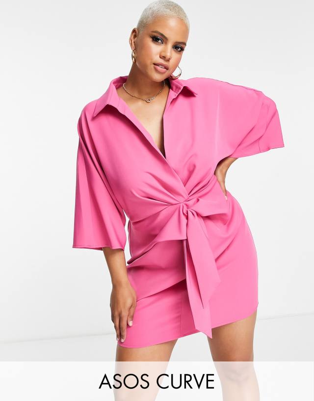 ASOS DESIGN Curve collared knot mini dress in magenta