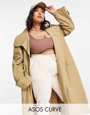 ASOS DESIGN Curve collared luxe trench coat in stone-Brown