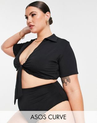 ASOS DESIGN Curve collared tie-front crop bikini top in shiny black - ASOS Price Checker