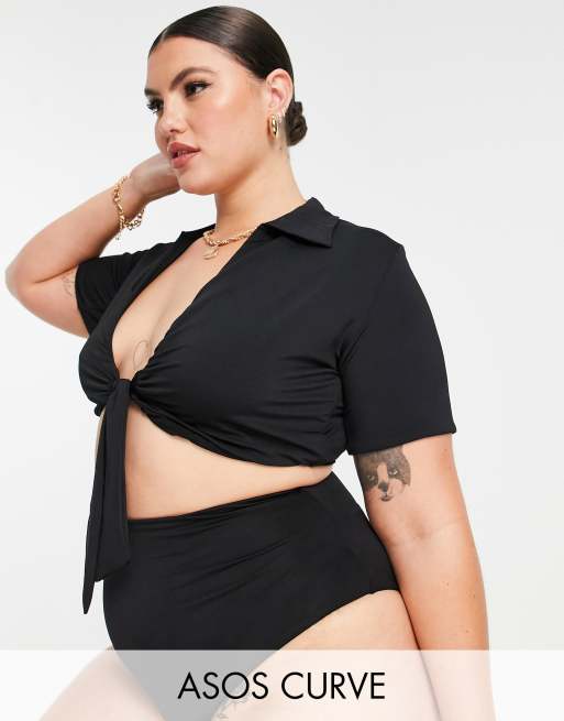 Tie Front Short Sleeve Cropped Bikini Top