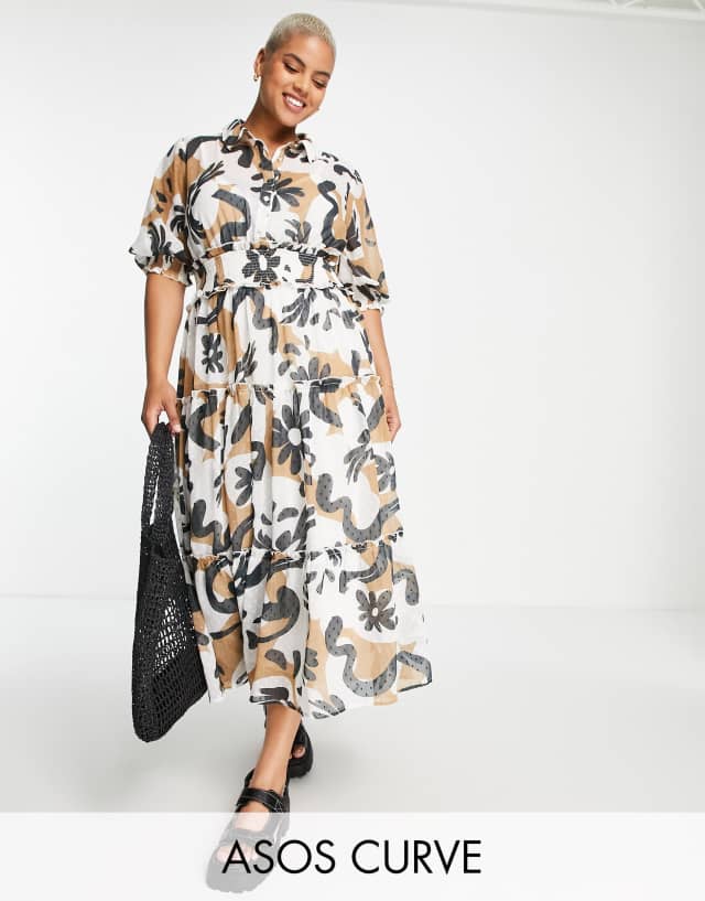 ASOS DESIGN Curve collared tiered midi dress with shirred waist in abstract floral