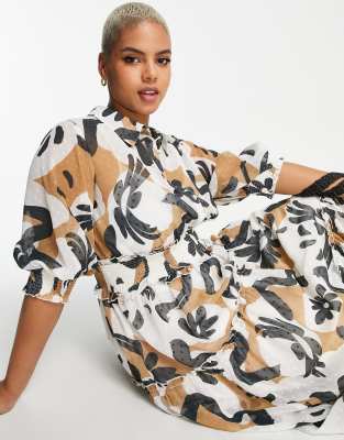 ASOS DESIGN Curve collared tiered midi dress with shirred waist in abstract  floral