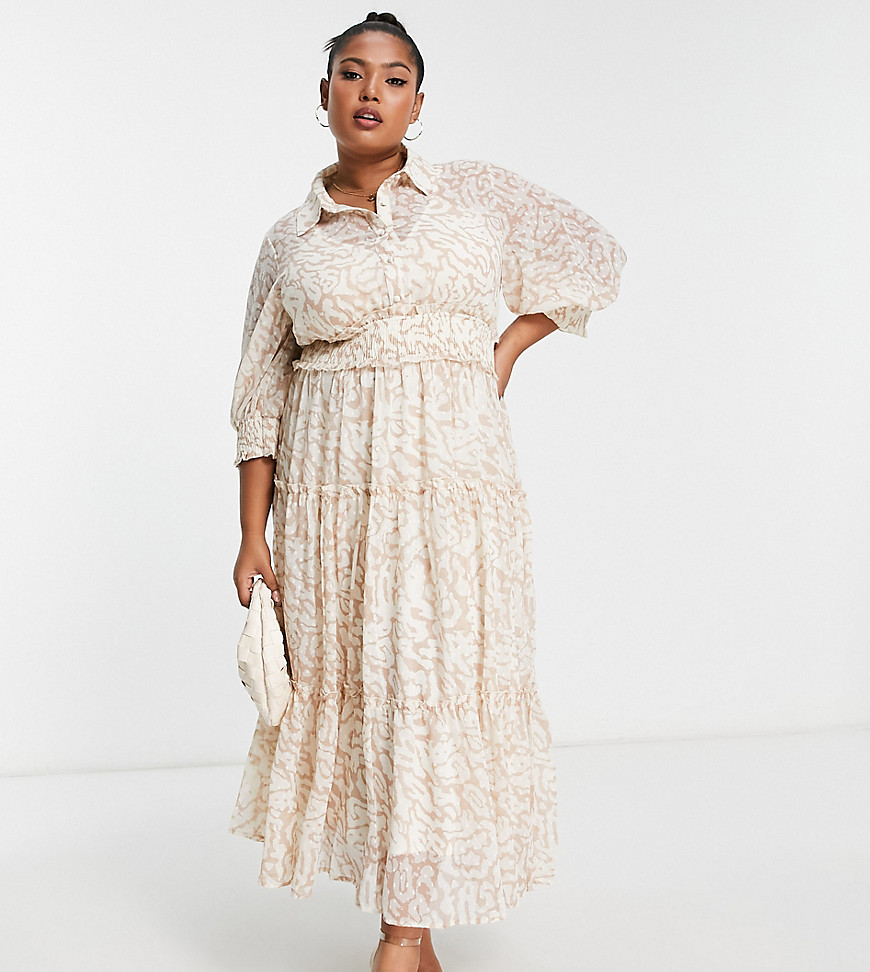 Asos Curve Asos Design Curve Collared Tiered Midi Dress With Shirred Waist In Natural Animal Print-multi