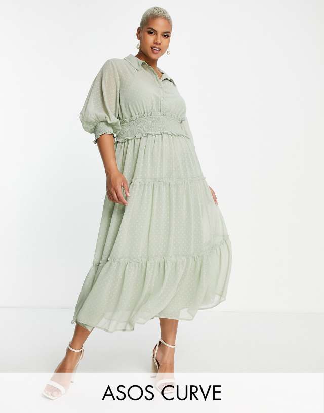 ASOS DESIGN Curve collared tiered midi dress with shirred waist in natural in sage green